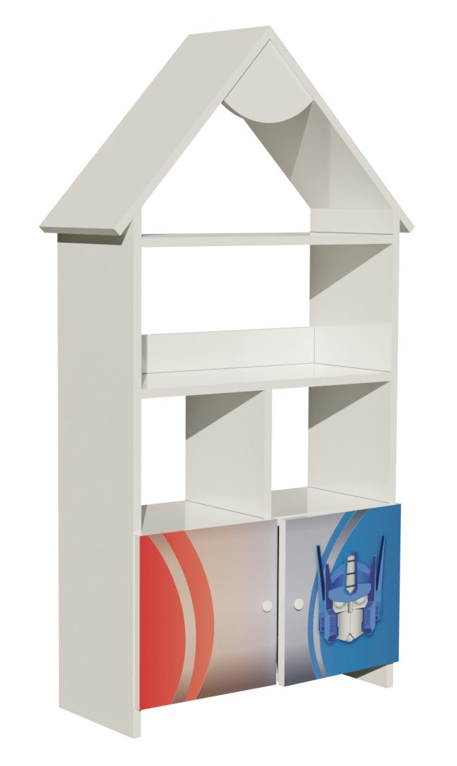 TPCAS2TRANSF Mobiletto libreria super hero a forma di casetta con scomparti, cubi , mensole e 2 cassetti 139 x 63 cm circa