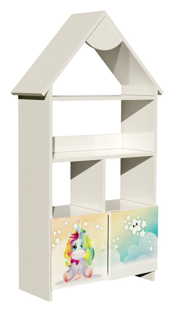 Mobiletto libreria Unicorno sky a forma di casetta con scomparti, cubi , mensole e 2 cassetti 139 x 63 cm circa