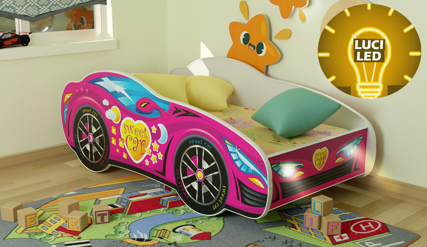 TPGIRL160LED Letto 160x80 a forma di macchina Love con doghe in legno e materassino incluso con luci led e interruttore per  illuminazione notturna