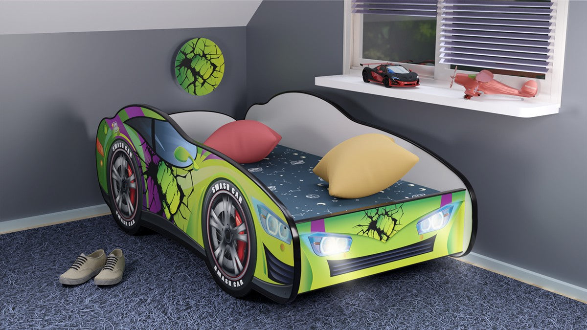 TPHUL160LED Letto 160x80 a forma di macchina dei super eroi con doghe in legno e materassino incluso con luci led e interruttore per  illuminazione notturna