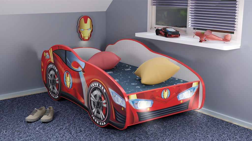 Letto a Forma di Macchina Super Eroi 160x80cm con Luci LED + Materasso e Doghe - TPIRON160LED