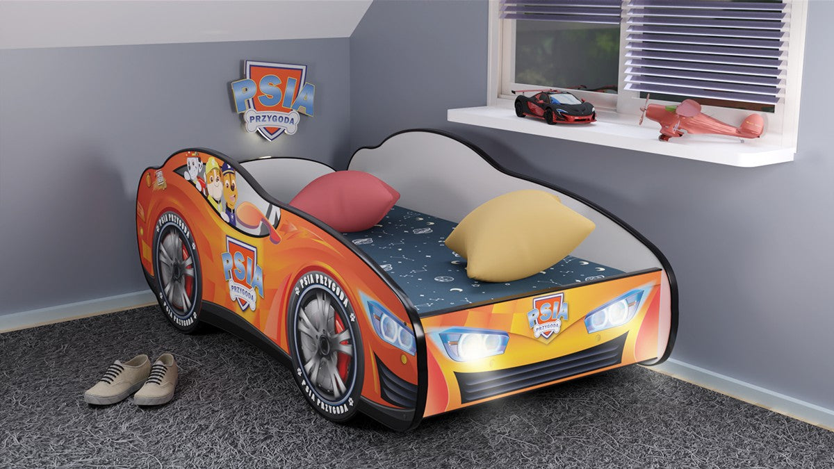 TPPWLEDAR Letto 160x80 a forma di macchina dei cuccioli pattuglia con doghe in legno e materassino incluso con luci led e interruttore per  illuminazione notturna