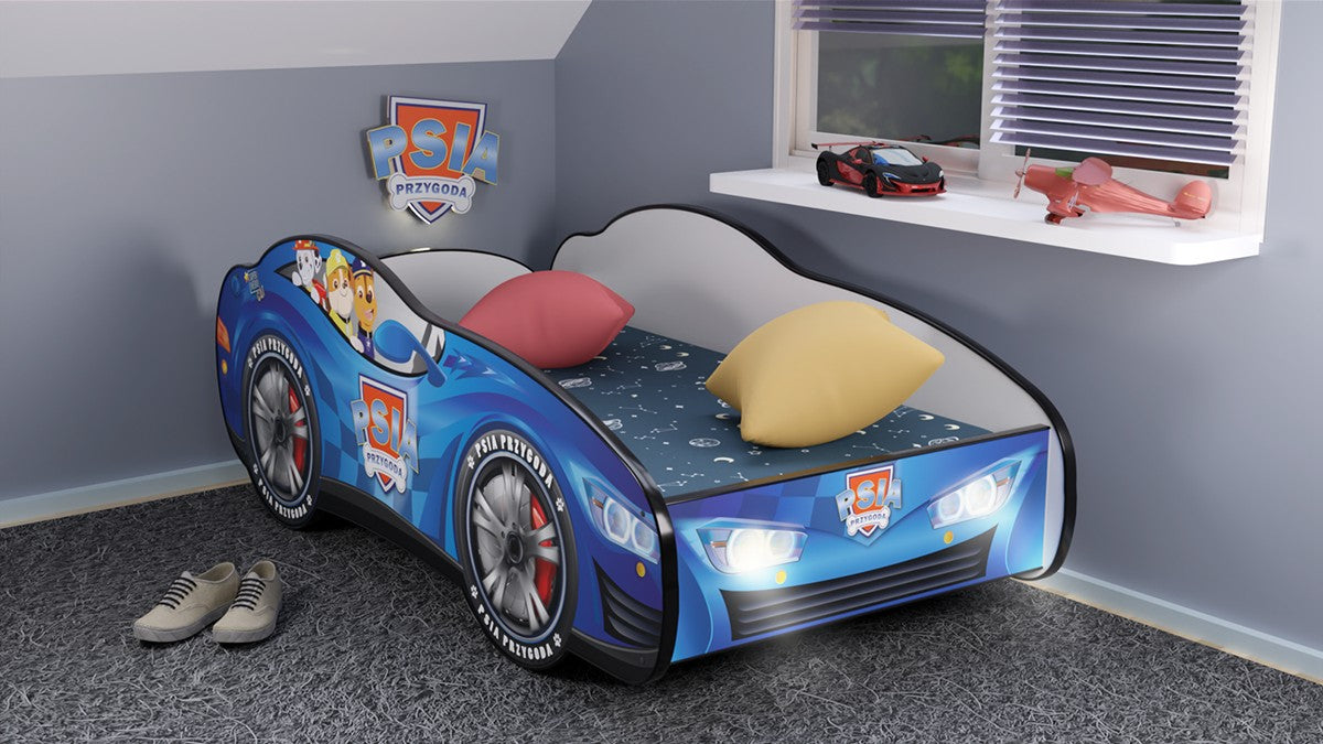 TPPWLED Letto 160x80 a forma di macchina dei cuccioli pattuglia con doghe in legno e materassino incluso con luci led e interruttore per  illuminazione notturna