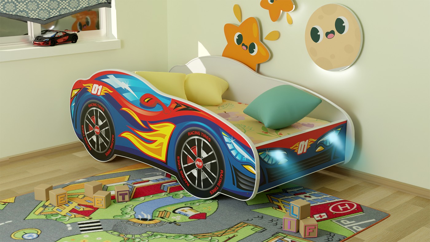 TPR01LED Letto 160x80 a forma di macchina hotrace con doghe in legno e materassino incluso con luci led e interruttore per  illuminazione notturna