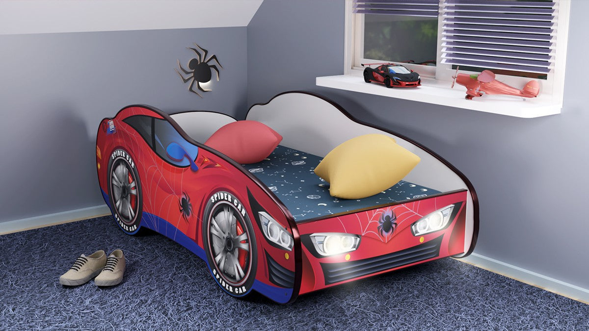 TPSP160LED Letto 160x80 a forma di macchina dei super eroi con doghe in legno e materassino incluso con luci led e interruttore per  illuminazione notturna