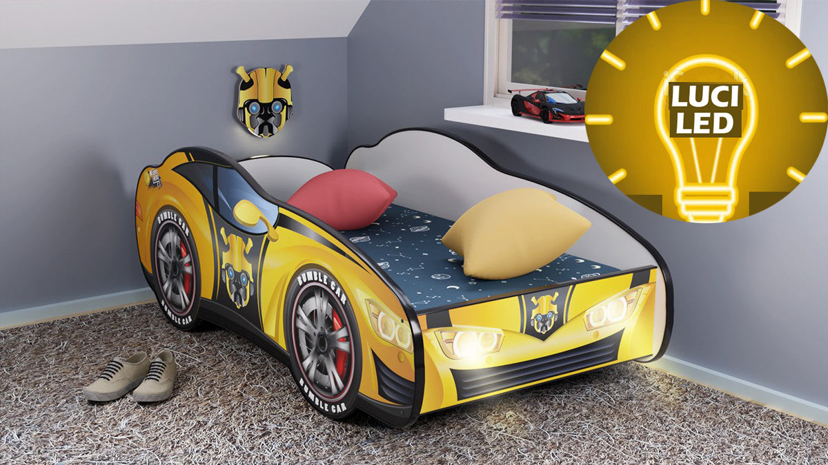 TPTRANGLLED160 Letto 160x80 a forma di macchina robot tansformer con doghe in legno e materassino incluso con luci led e interruttore per  illuminazione notturna