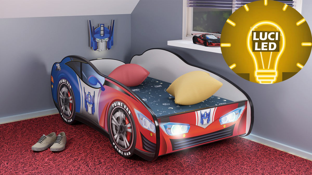 TPTRANLED160 Letto 160x80 a forma di macchina robot tansformer con doghe in legno e materassino incluso con luci led e interruttore per  illuminazione notturna