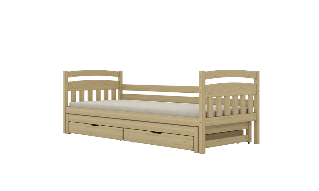 Bed Tosia natural unpainted with safety rail with drawers with a foam mattress 200x80