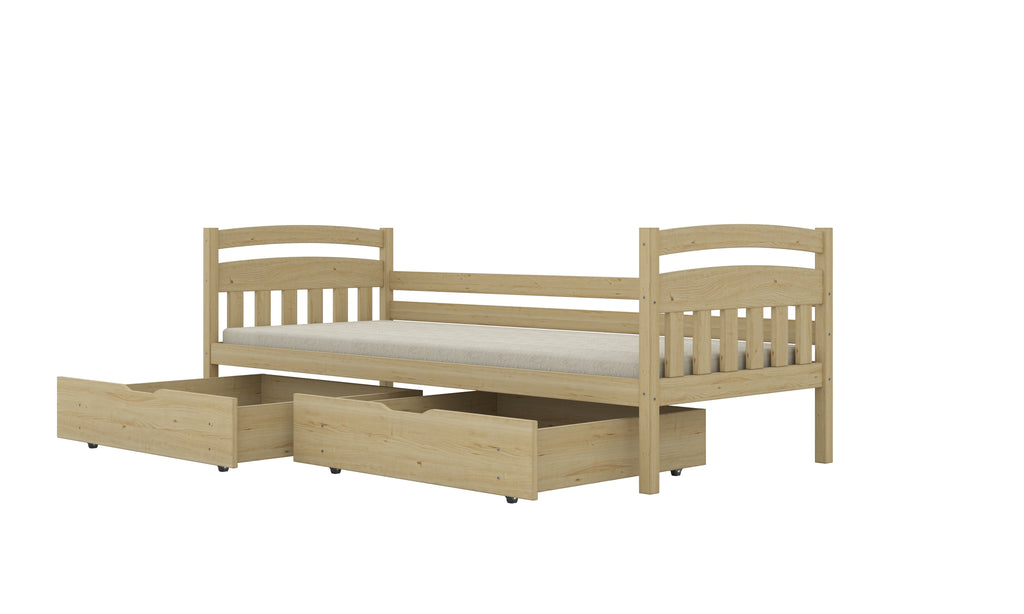 Bed Tosia natural unpainted with safety rail with drawers with a coconut mattress 200x90
