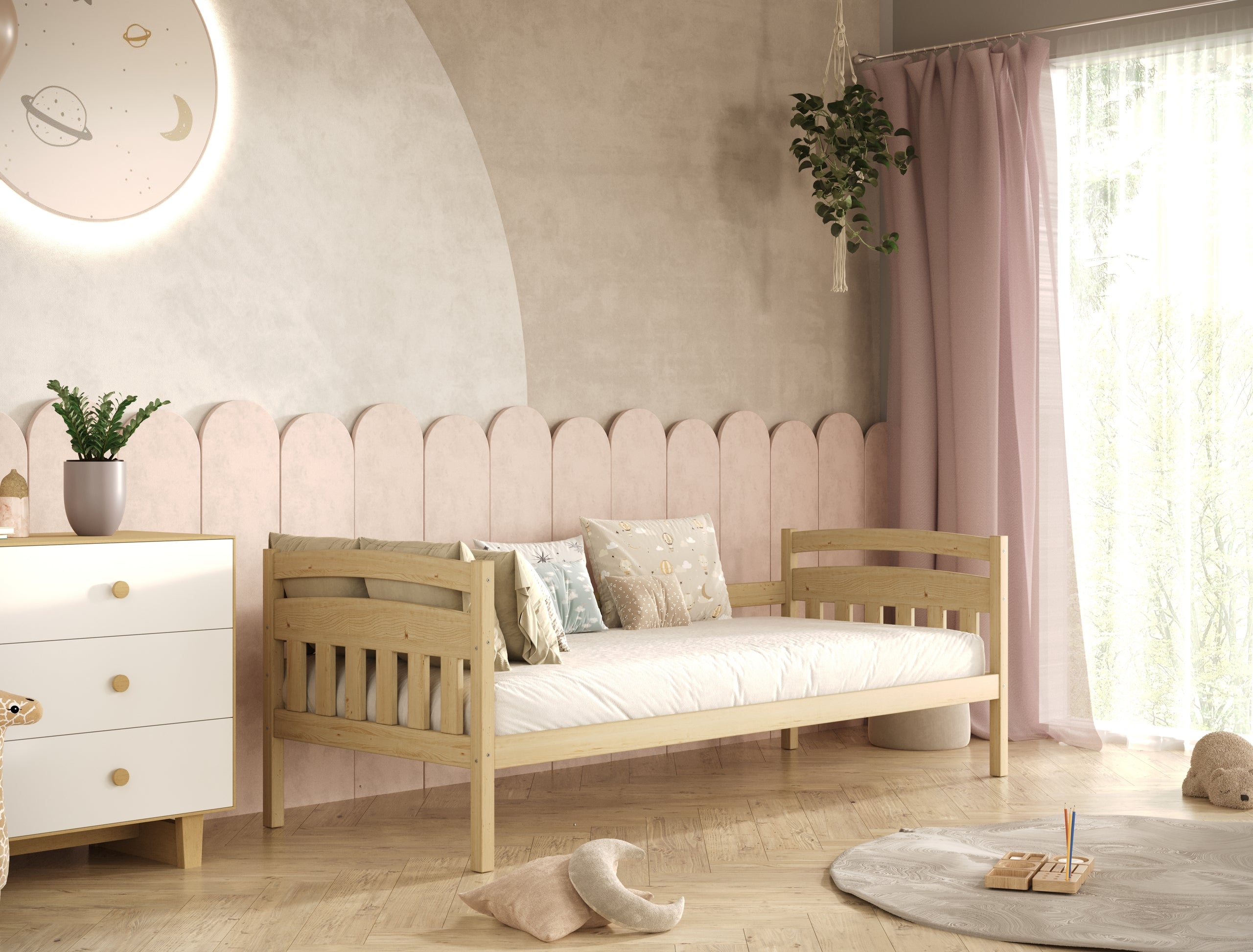 Bed Tosia natural painted with safety rail with drawers with a foam mattress 200x80