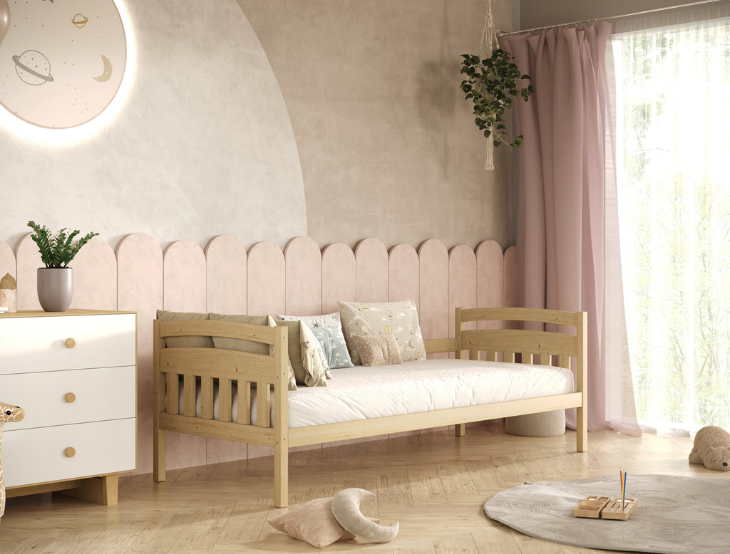 Bed Tosia natural unpainted with safety rail with drawers with a latex mattress 180x90