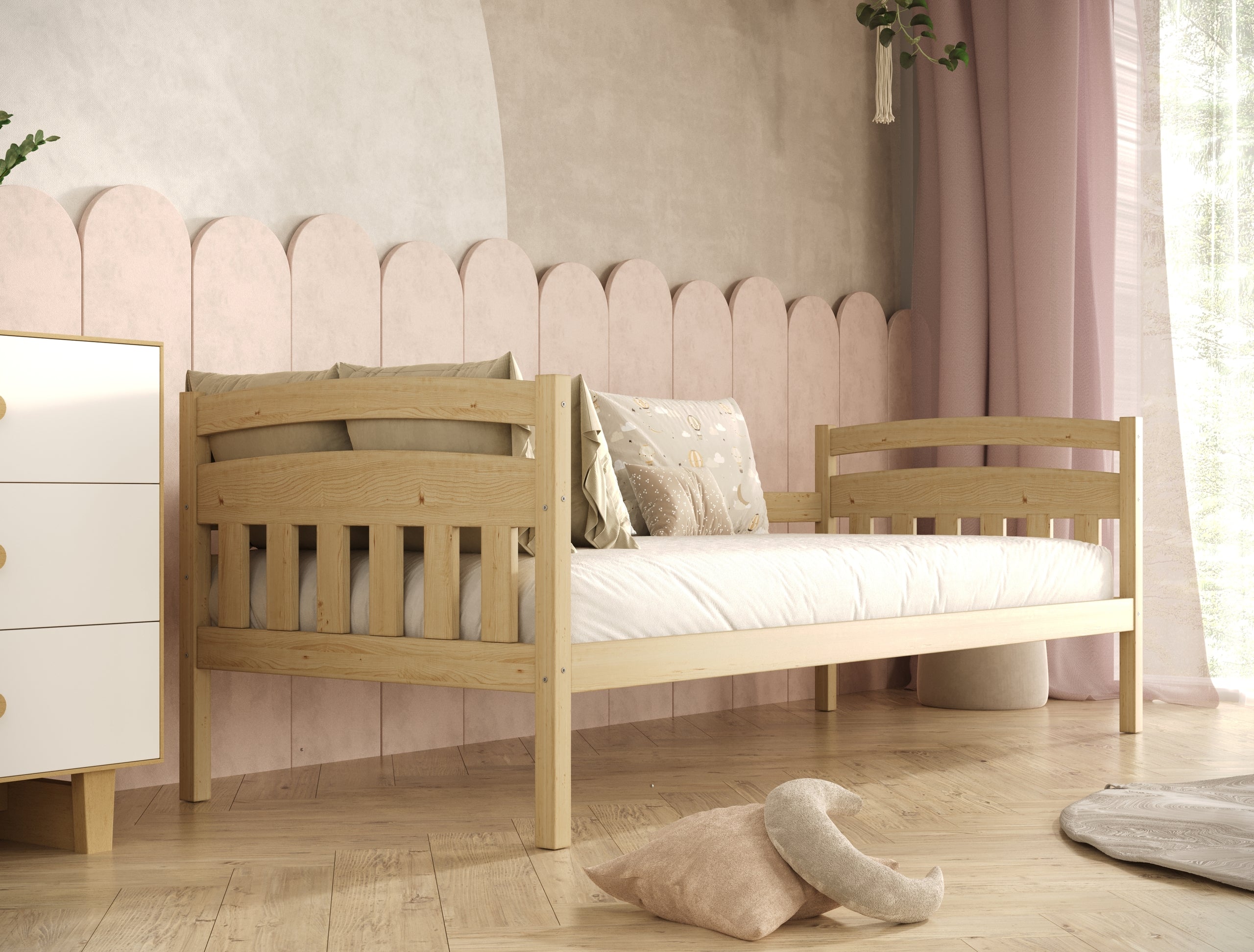 Bed Tosia natural painted with safety rail with drawers with a coconut mattress 200x90