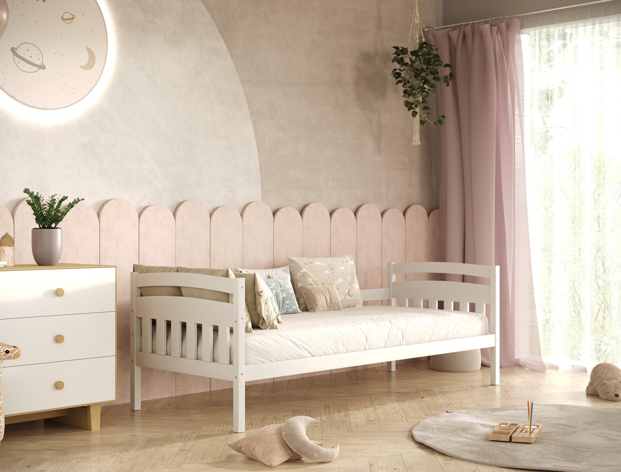 Bed Tosia white with safety rail with drawers with a latex mattress 200x90