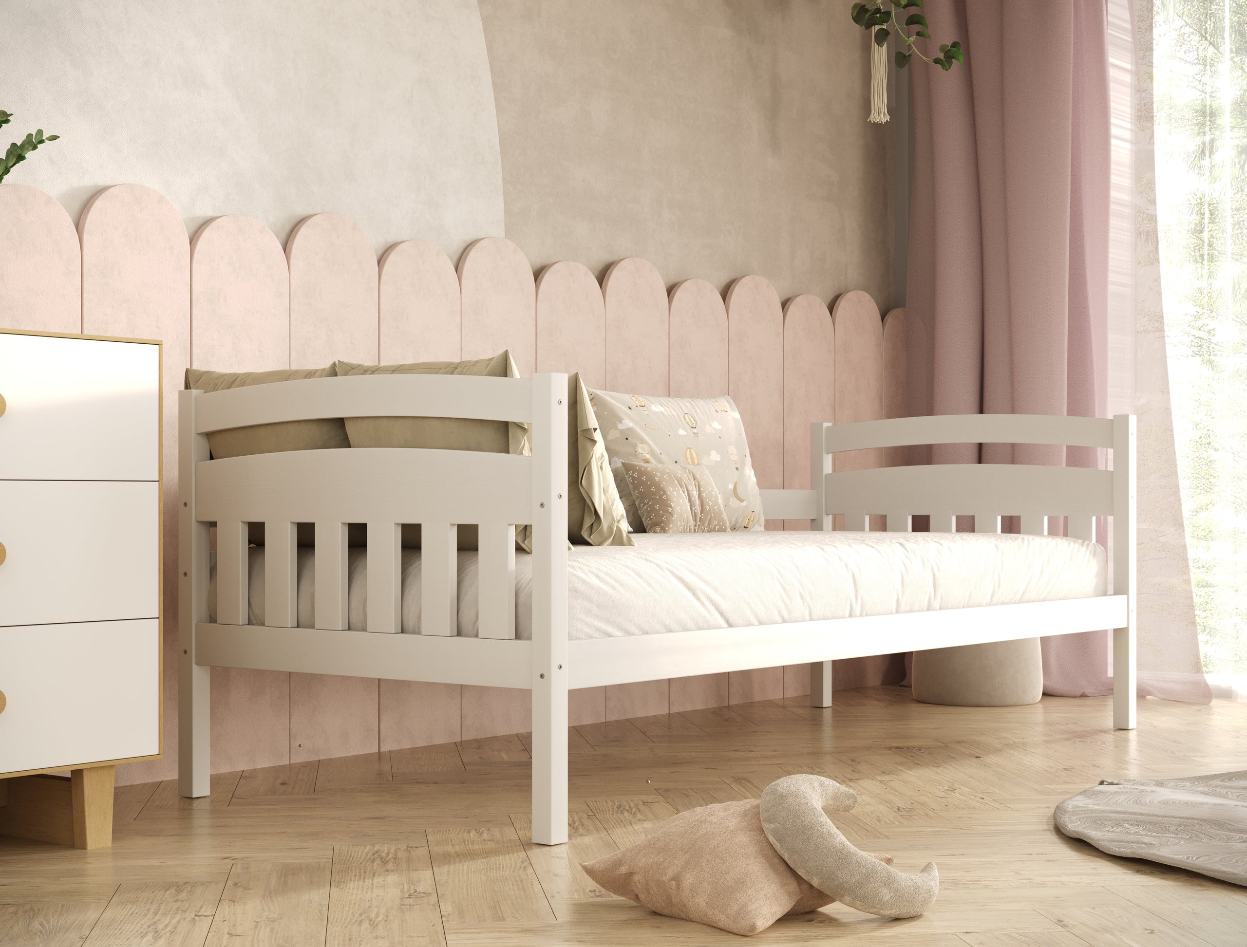 Bed Tosia white with safety rail with an extra bed and ma¸ymi szufladami with a coconut mattress 200x80