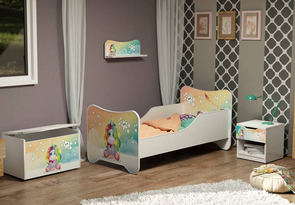 UNISKY01CAM Cameretta unicorno in legno deluxe SKY con letto ,libreria , comodino , toybox portagiochi