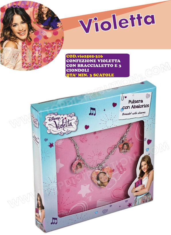 ##VIO2502-316 CONFEZIONE VIOLETTA CON BRACCIALETTO E 3 CIONDOLI
