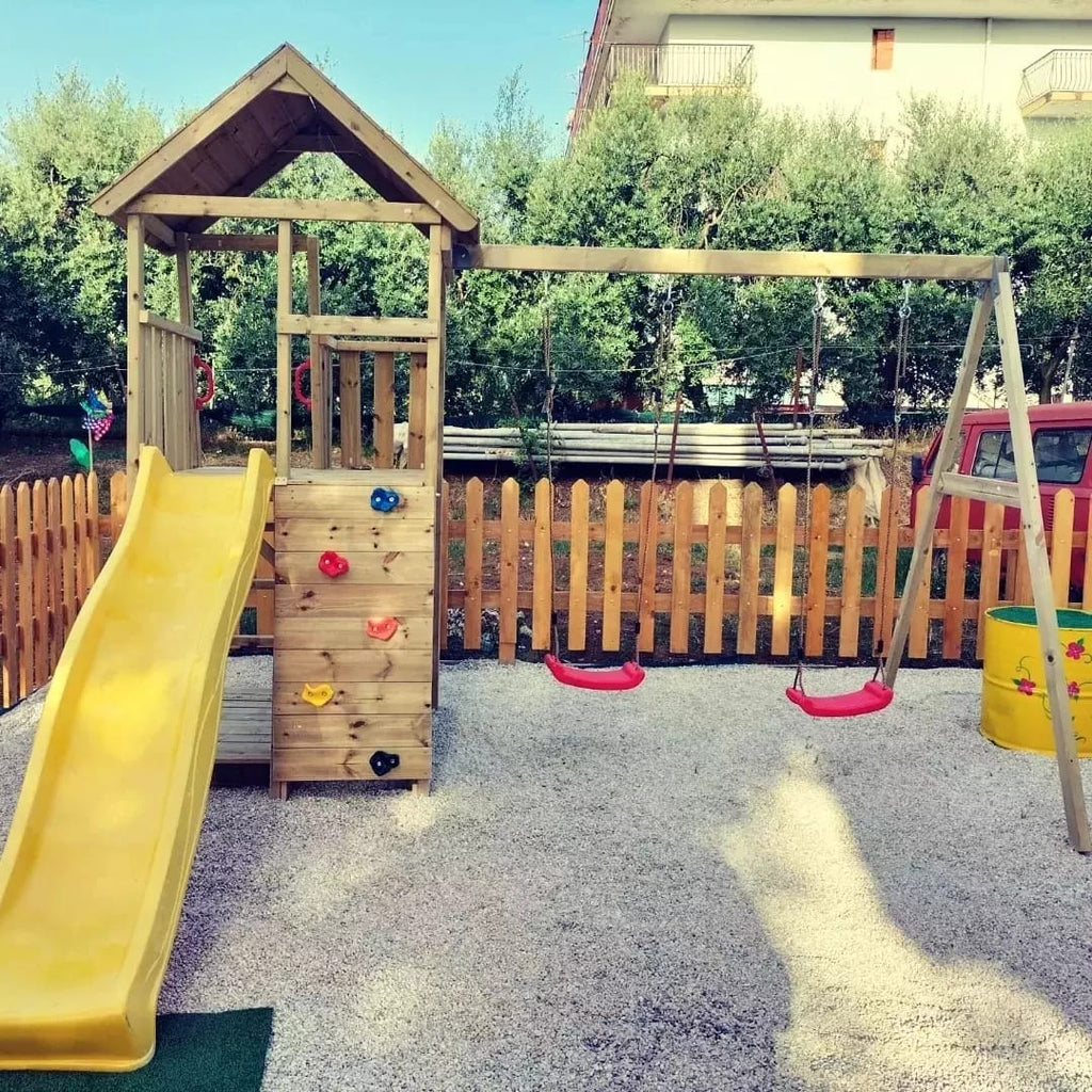 Torre da Gioco in Legno J9 con Altalena Doppia, Scivolo 220cm, Sabbiera e Tavolo Picnic - Piattaforma 120cm