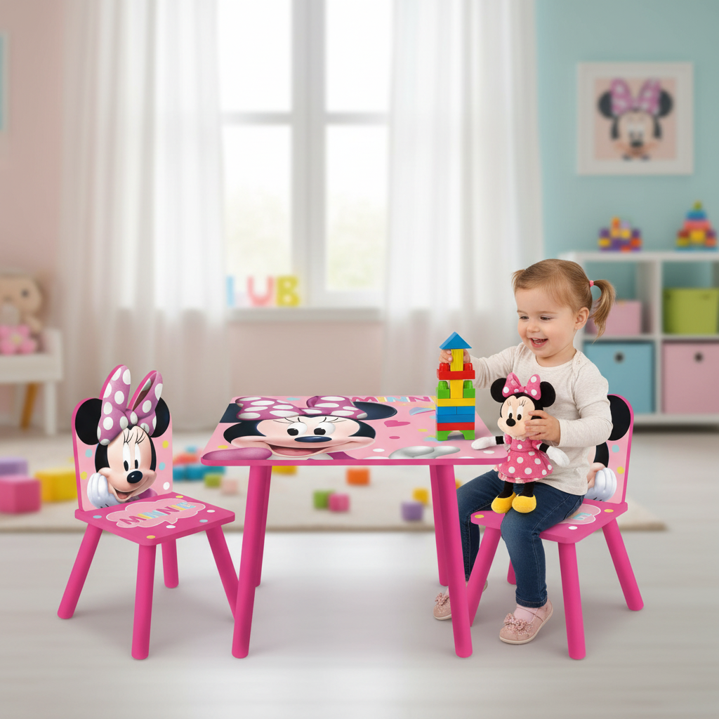 Angolazione frontale set tavolo Minnie con grafica visibile