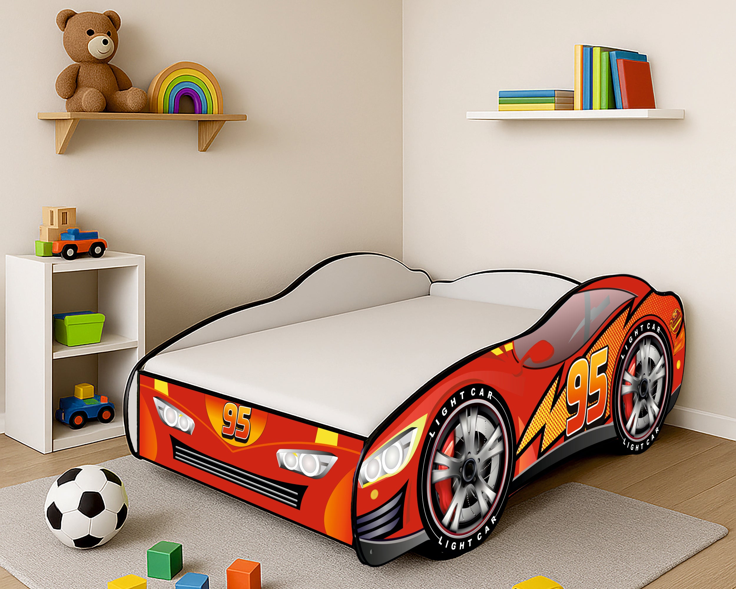 TPC95LED Letto 160x80 a forma di macchina car95 con doghe in legno e materassino incluso con luci led e interruttore per  illuminazione notturna