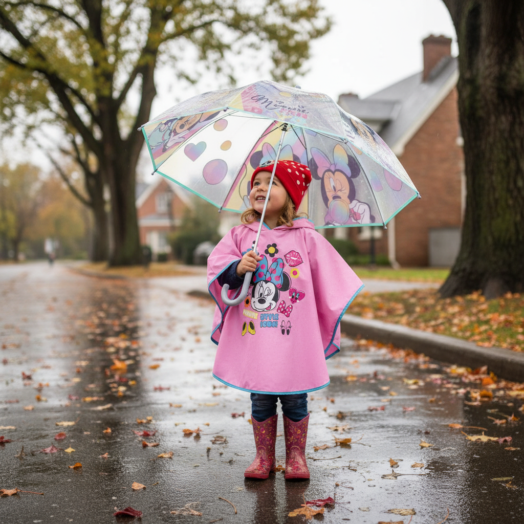 Bambina cammina guardando l'ombrello Minnie