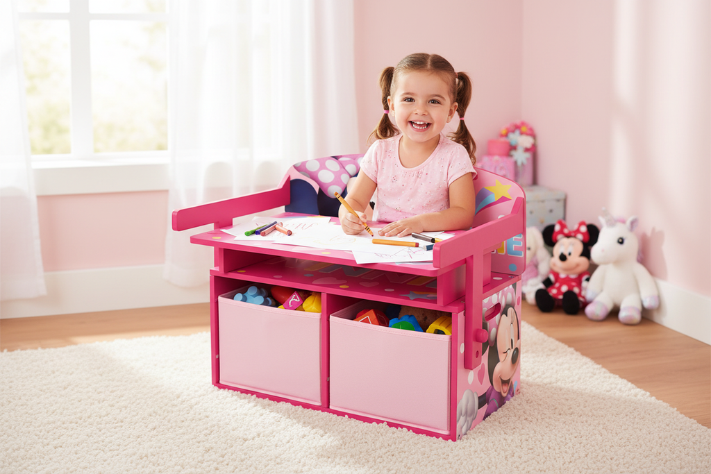 Bambina che disegna sulla panca Minnie