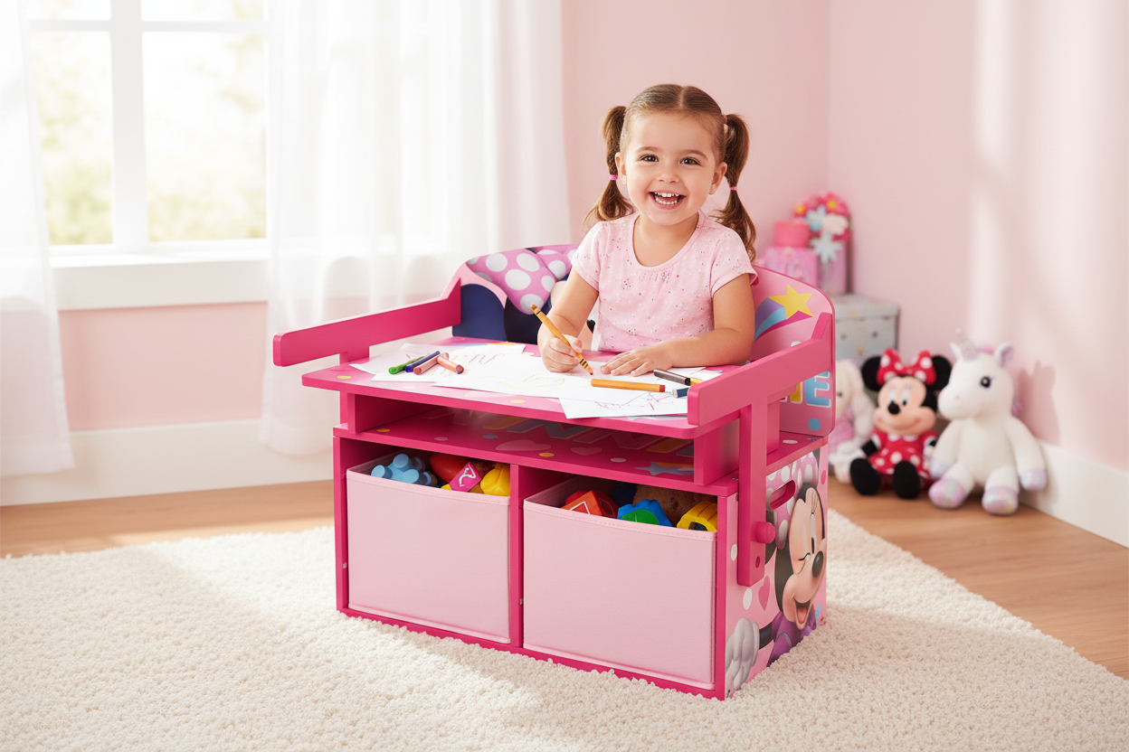 Bambina che disegna sulla panca Minnie