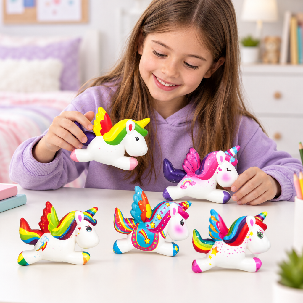 Bambina che dispone gli unicorni sulla scrivania