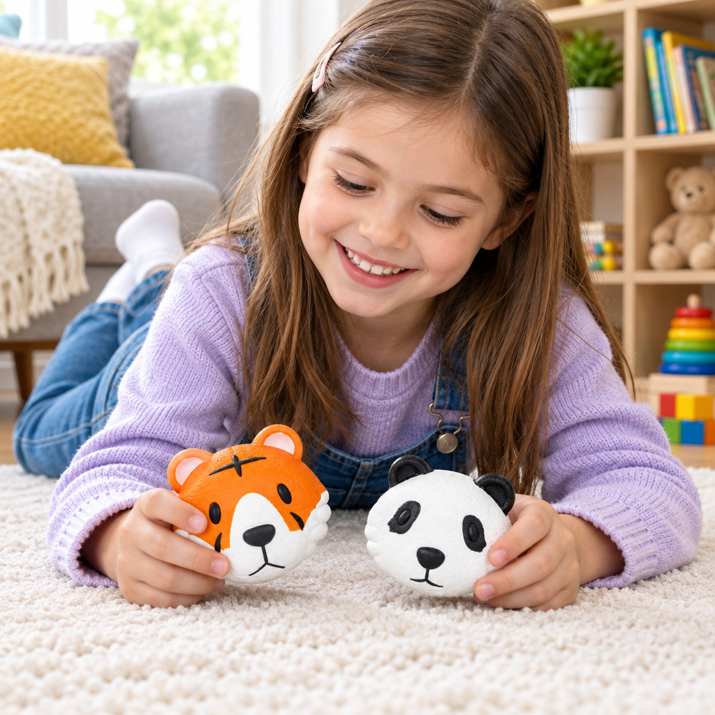 Bambina che gioca con tigre e panda