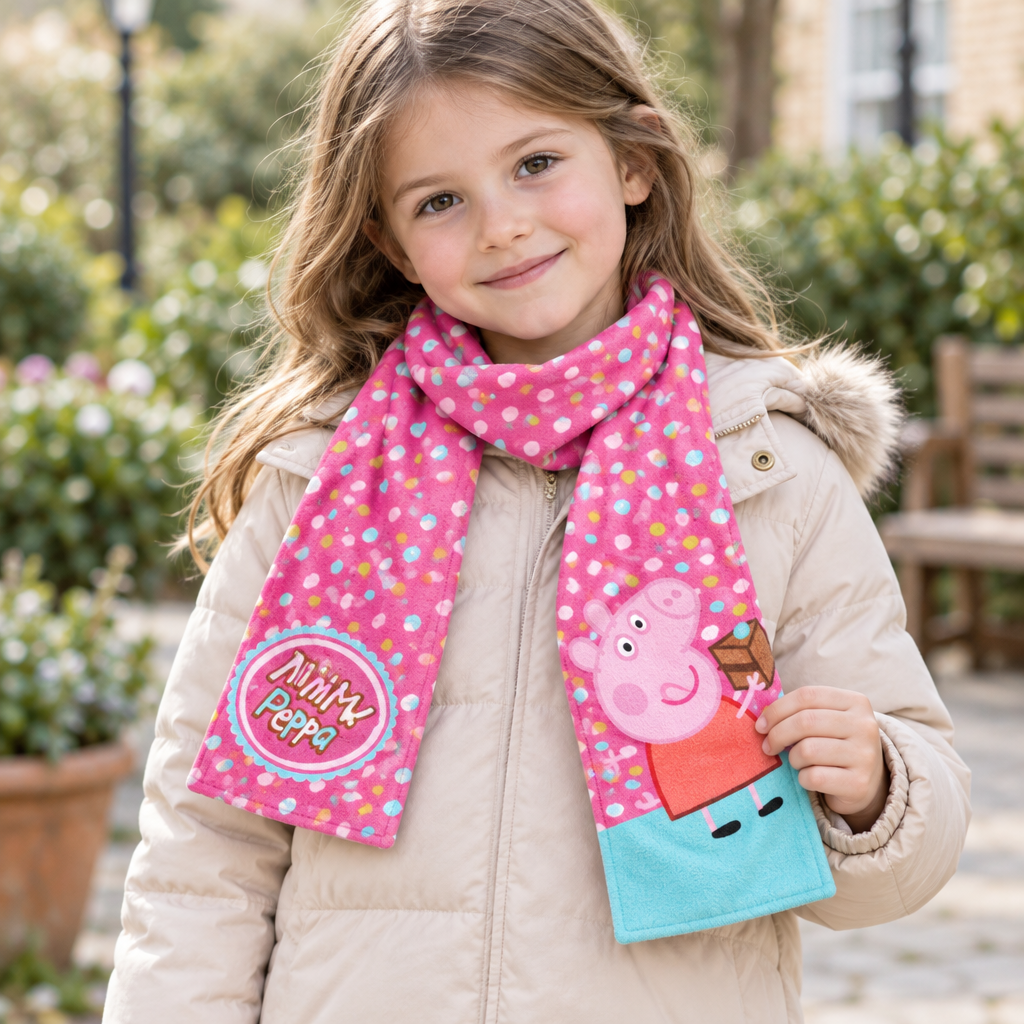Bambina che mostra la sciarpa Peppa Pig indossata