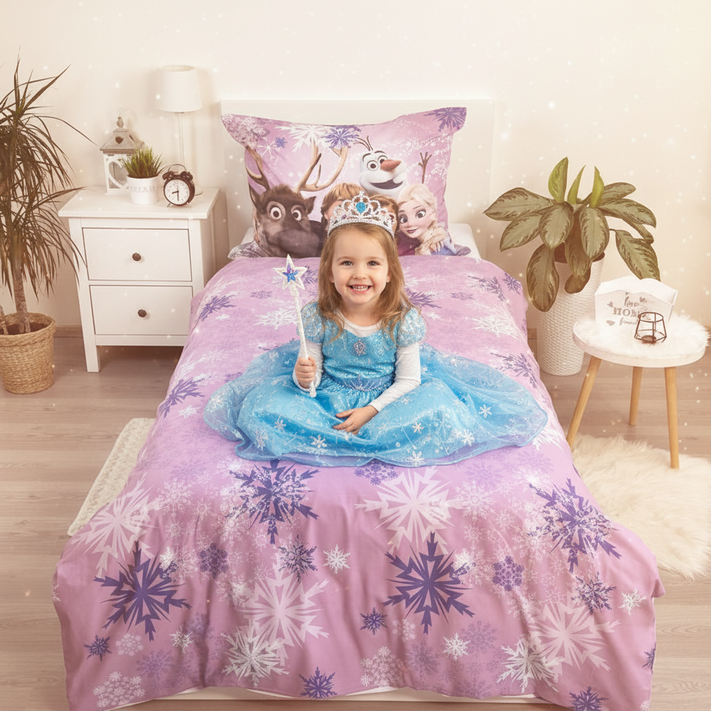Bambina con corona da principessa sul letto Frozen