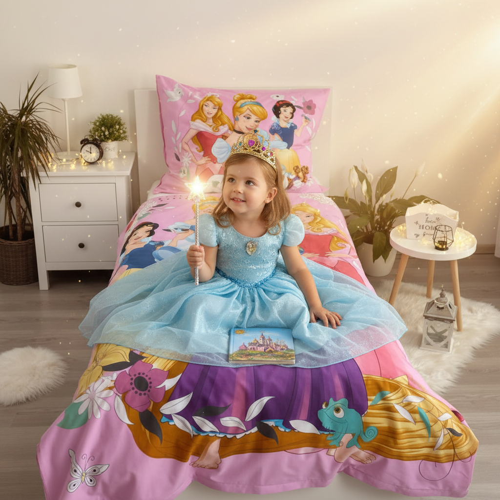 Bambina con corona da principessa sul letto