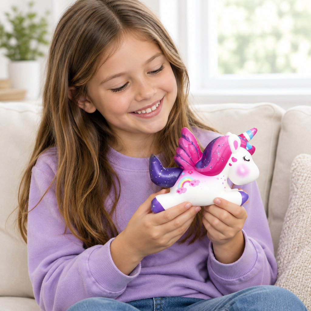 Bambina con l’unicorno rosa sul divano