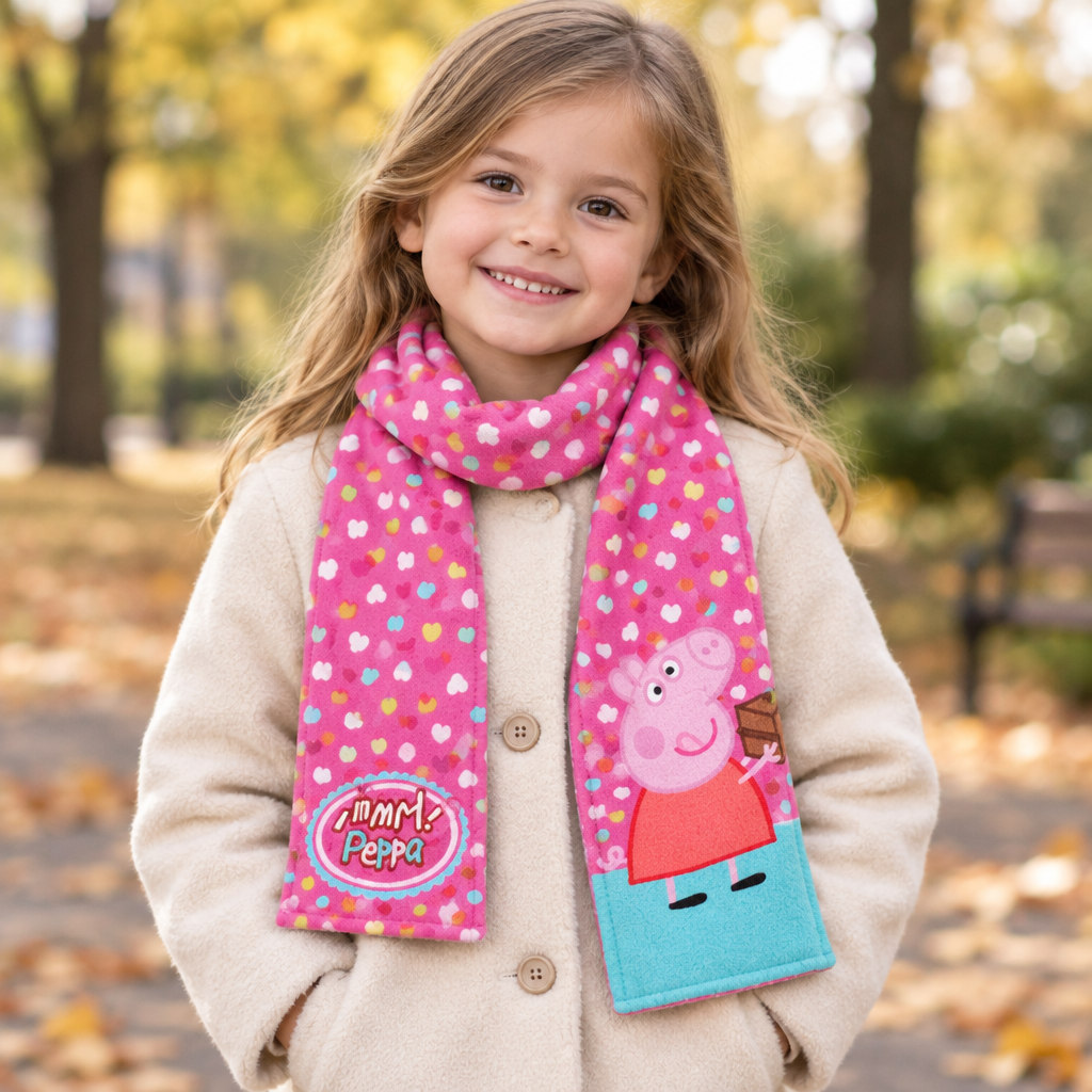Bambina con la sciarpa Peppa Pig indossata