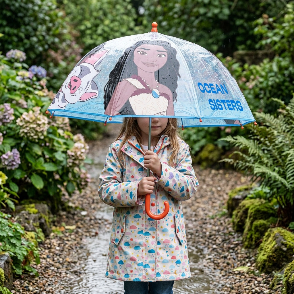 Bambina con ombrello Moana in giardino