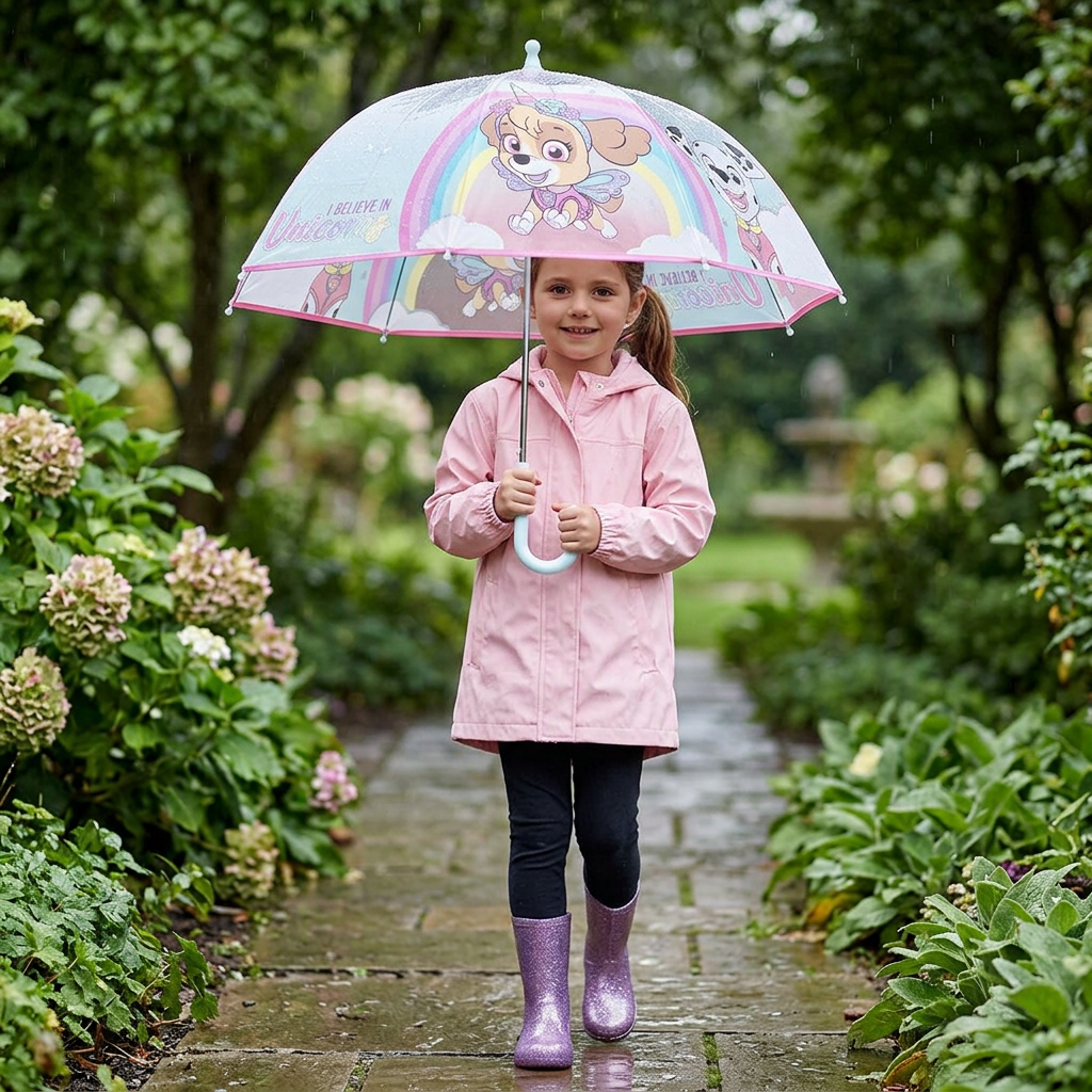 Bambina con ombrello Skye in giardino