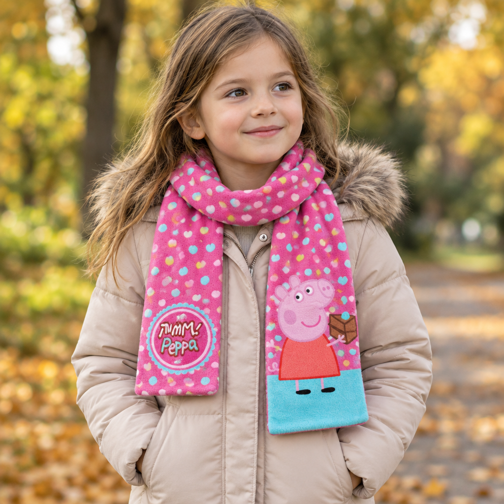Bambina con sciarpa Peppa Pig durante una passeggiata