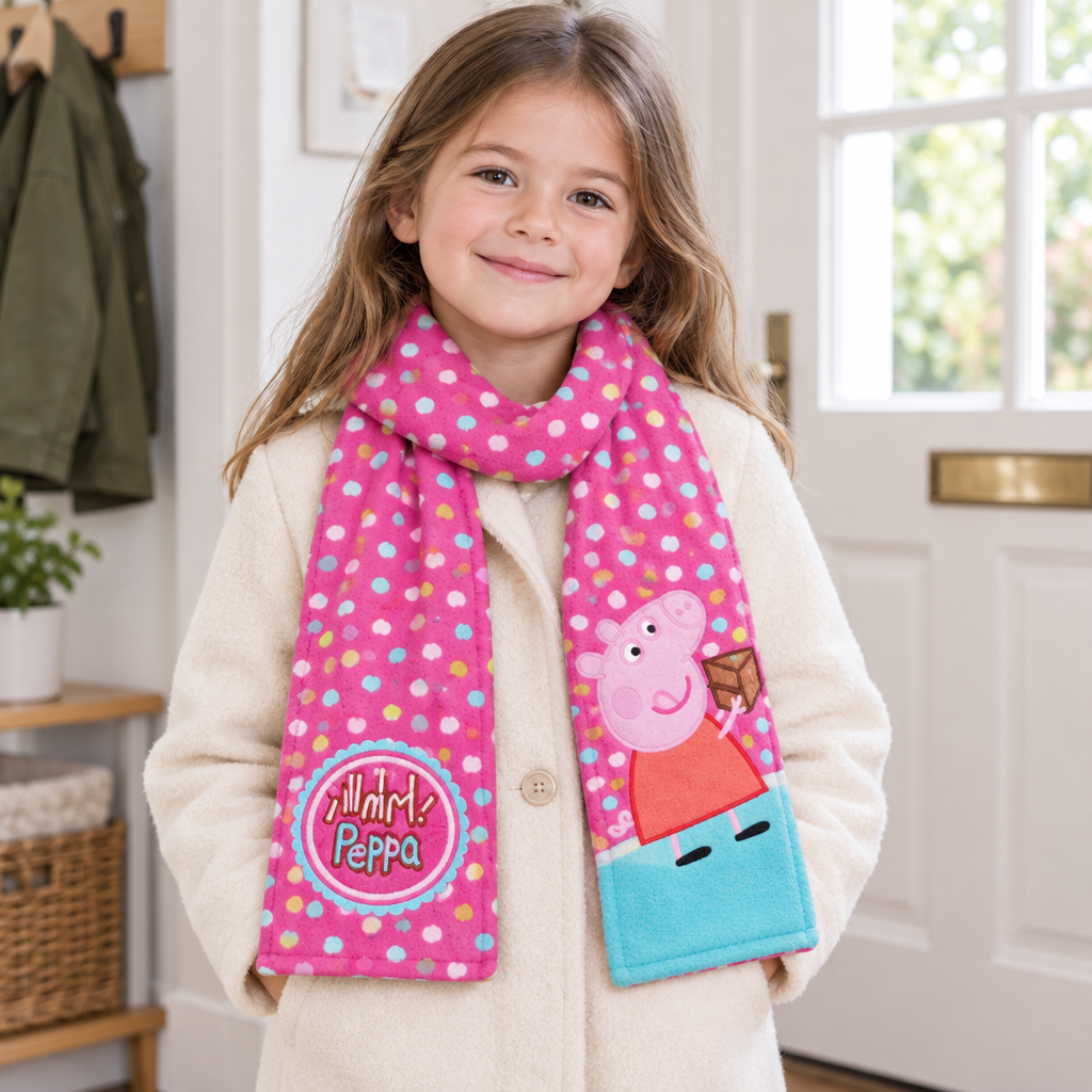 Bambina con sciarpa Peppa Pig pronta per uscire