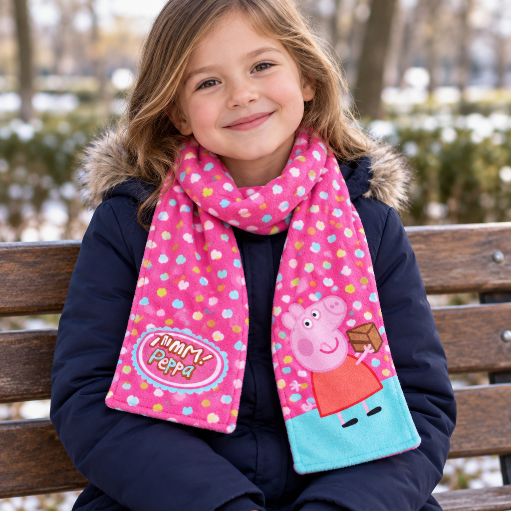 Bambina con sciarpa Peppa Pig sulla panchina