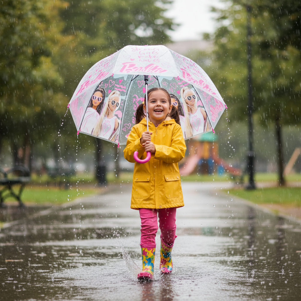 Bambina corre con ombrello Barbie