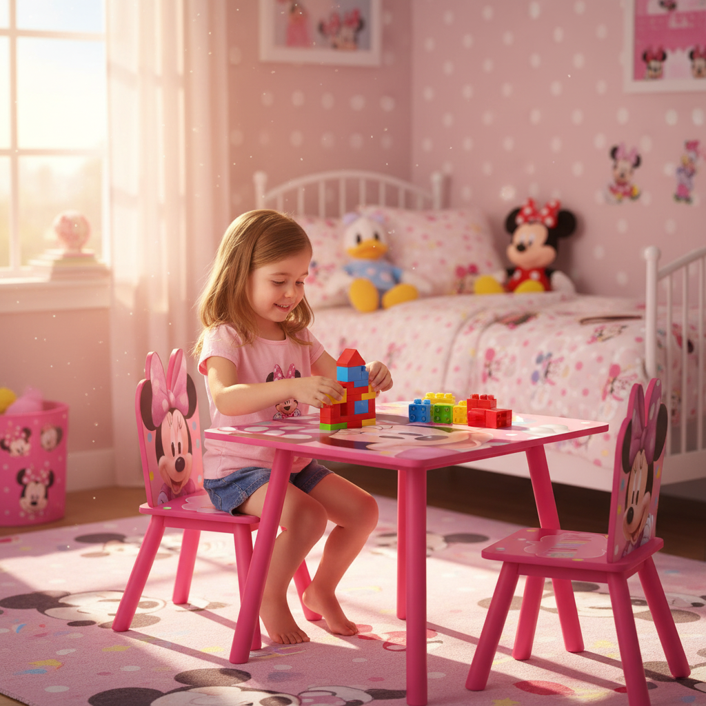 Bambina costruisce con mattoncini al tavolo Minnie