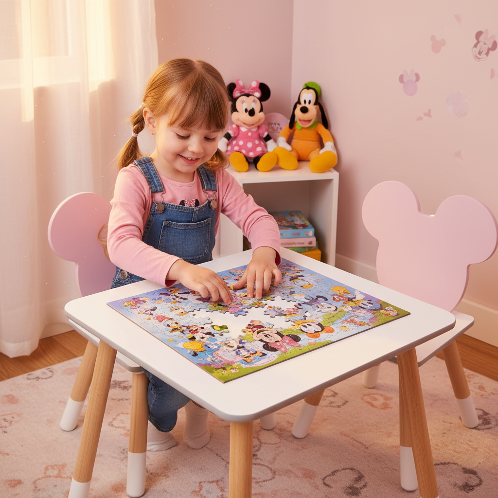 Bambina costruisce puzzle al tavolo Minnie