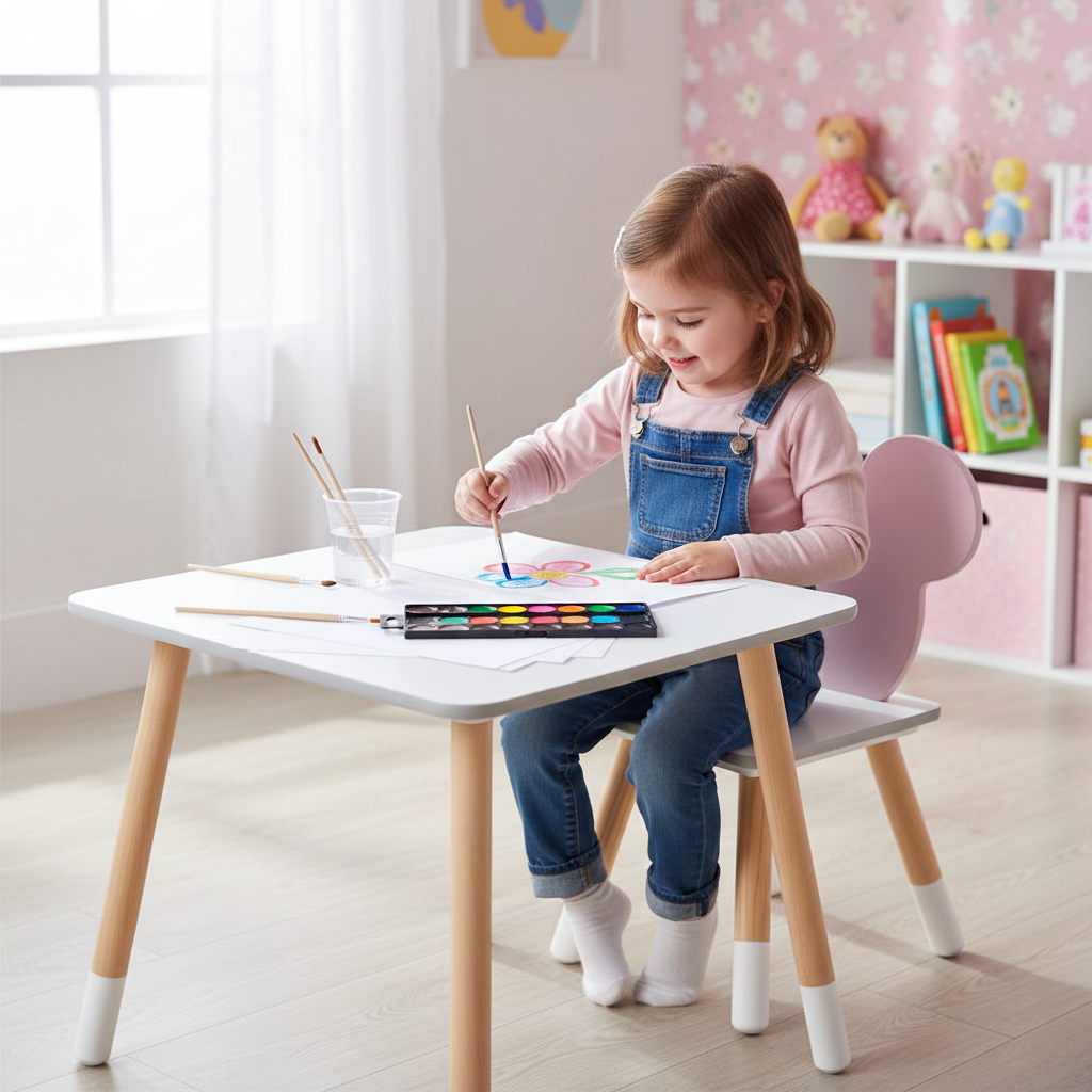 Bambina dipinge con acquerelli al tavolo Minnie