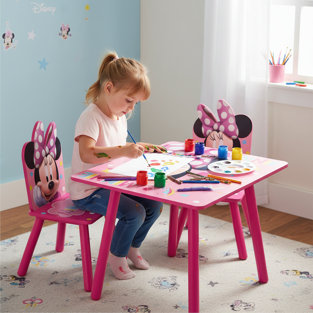 Bambina dipinge con tempere al tavolo Minnie rosa