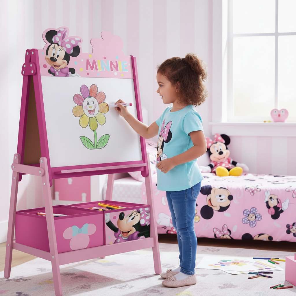 Bambina dipinge fiore sulla lavagna bianca Minnie