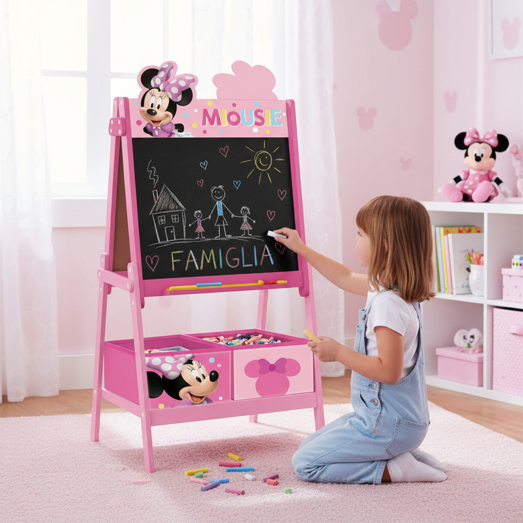 Bambina disegna famiglia sulla lavagna nera Minnie