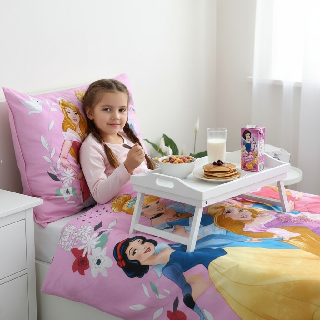 Bambina fa colazione a letto con set Principesse
