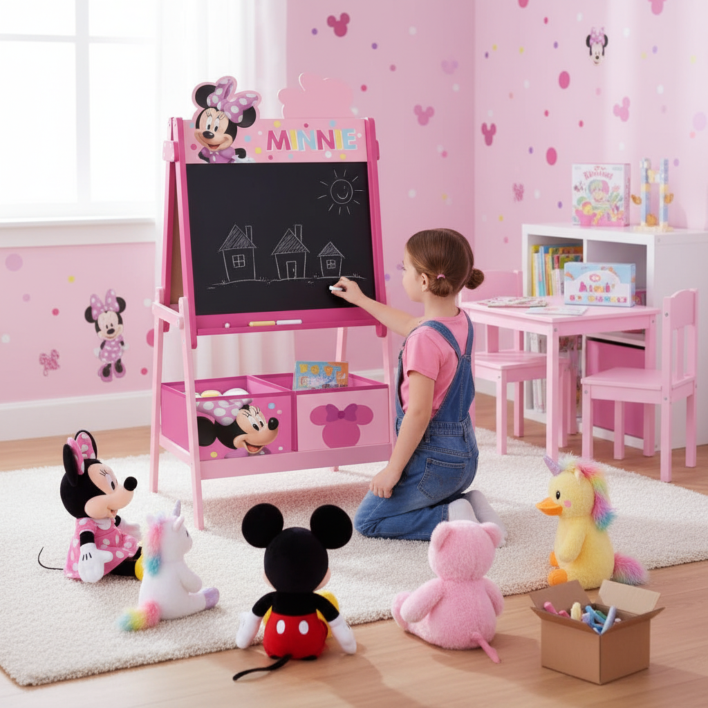 Bambina gioca a maestra con peluche davanti lavagna Minnie
