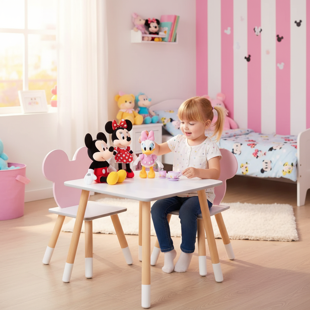 Bambina gioca con bambole al tavolo Minnie