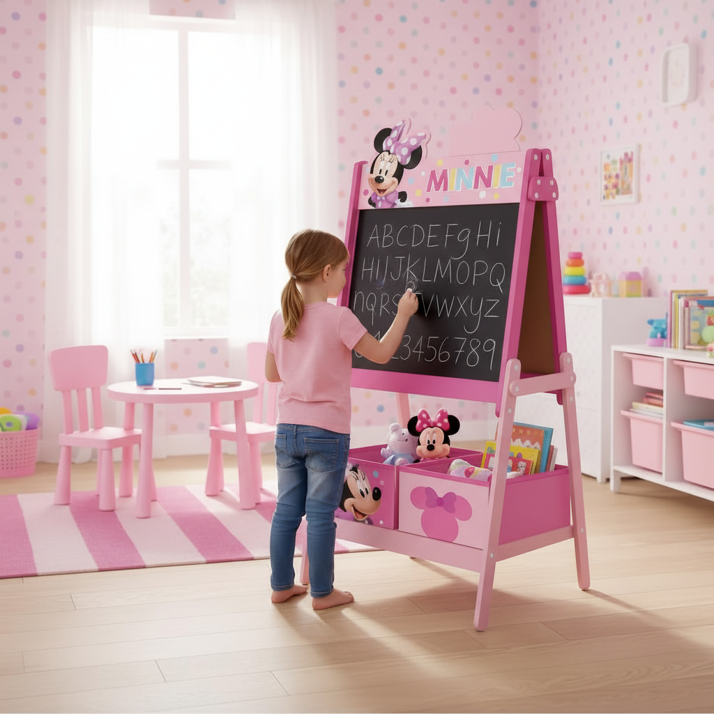 Bambina impara lettere e numeri sulla lavagna Minnie