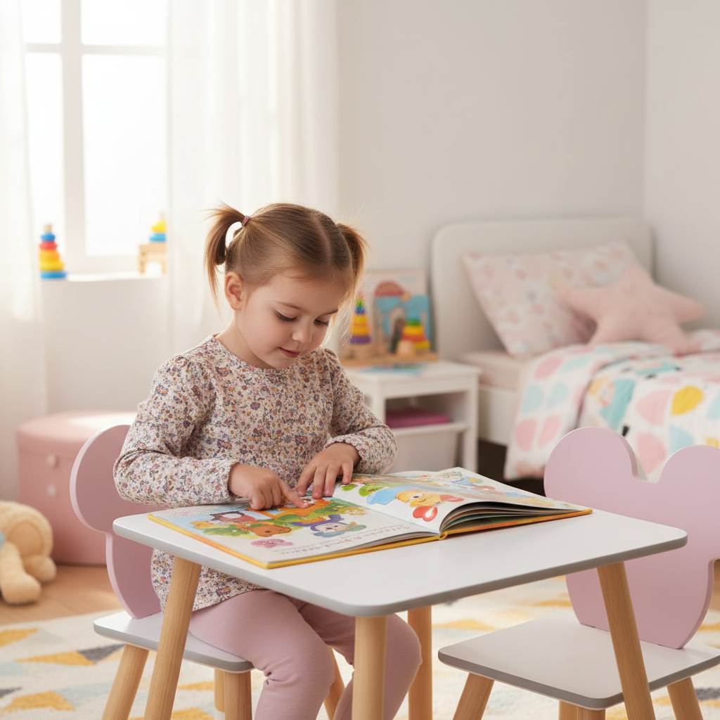 Bambina legge libro al tavolo Minnie bianco